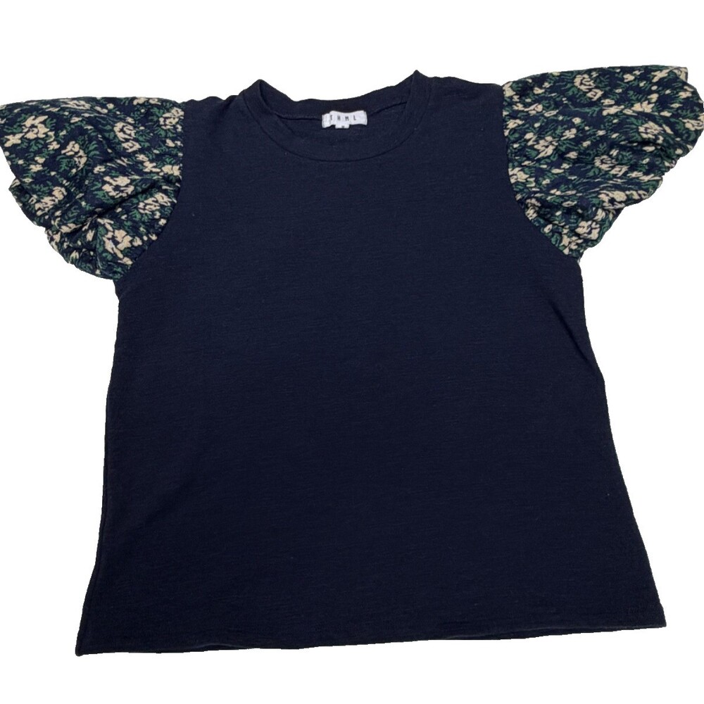 Anthropologie THML Navy Blue Knit Top Blouse w/ Print Puff Sleeve Women's Sz M